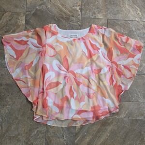 Alfred Dunner Woman 3X Floral Butterfly Sleeve Blouse Coral Pink Chiffon Top